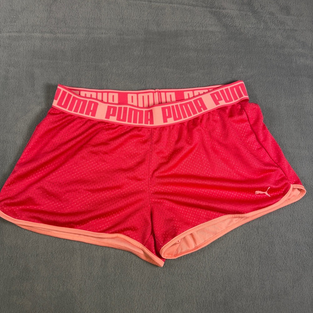 Puma Women Red Pink Mesh Athletic Shorts Logo Waistband 834436 Size L